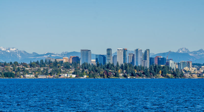 A view of the Bellevue skyline across Lake Washington.